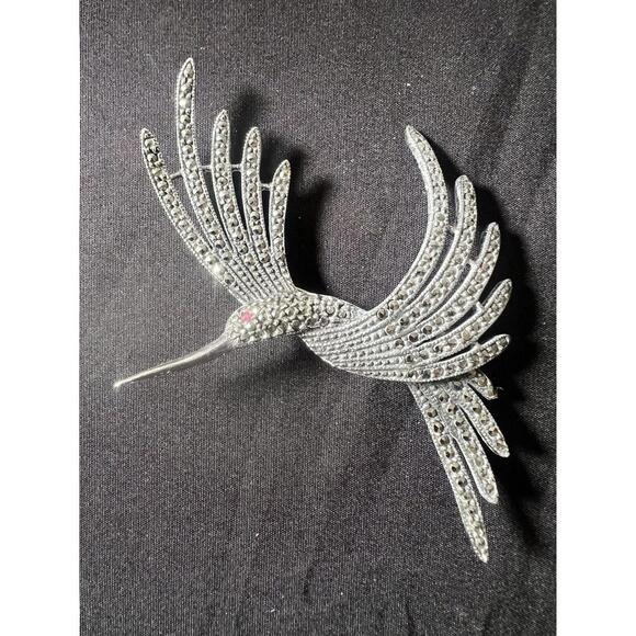JUDITH JACK Hummingbird Sterling Silver Marcasite Ruby Pin Brooch - Picture 8 of 8